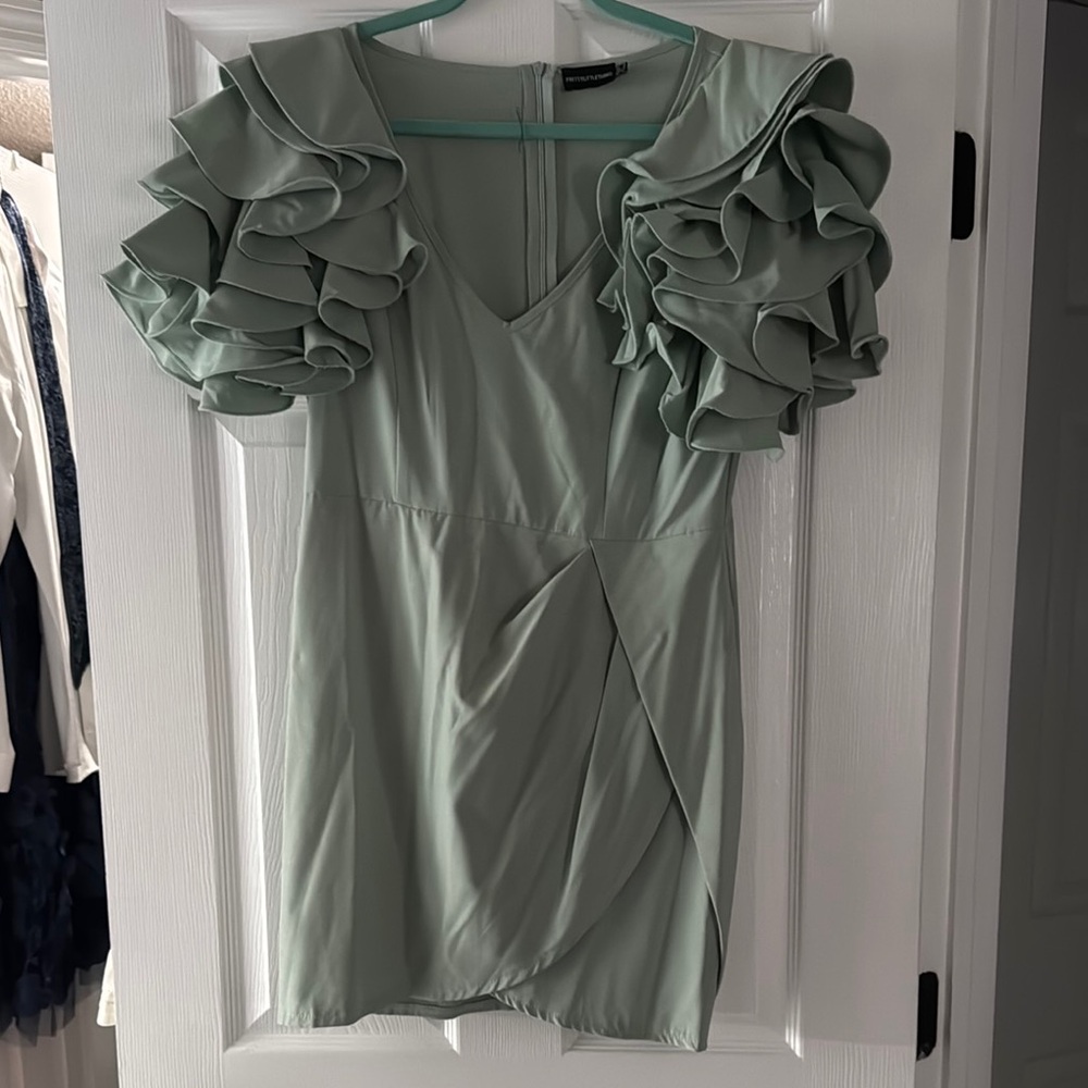 PrettyLittleThing Mint Ruffle Sleeve Mini Dress